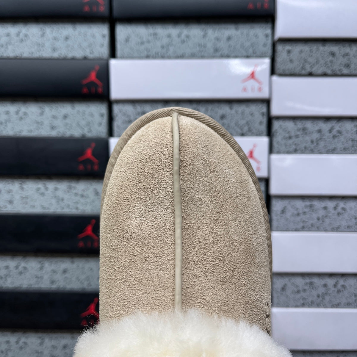 Sand Platform Clog Slippers with Cream Fluffy Trim