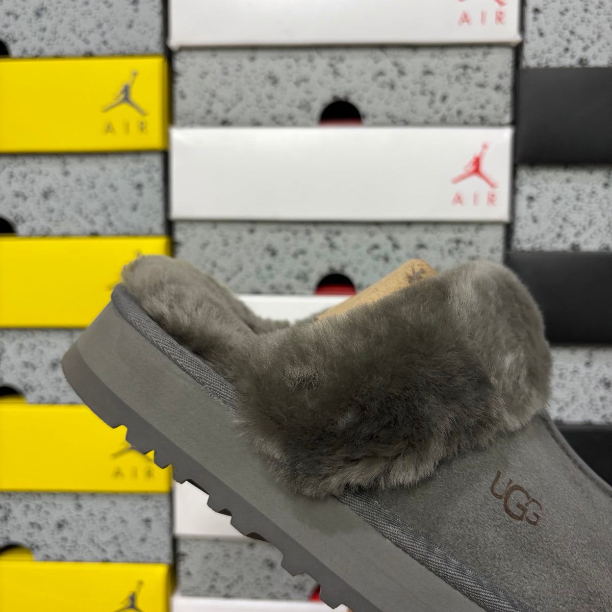 UGG Gray Platform Slippers with Plush Trim