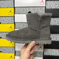 Grey Button-Detail Mid-Calf Boots