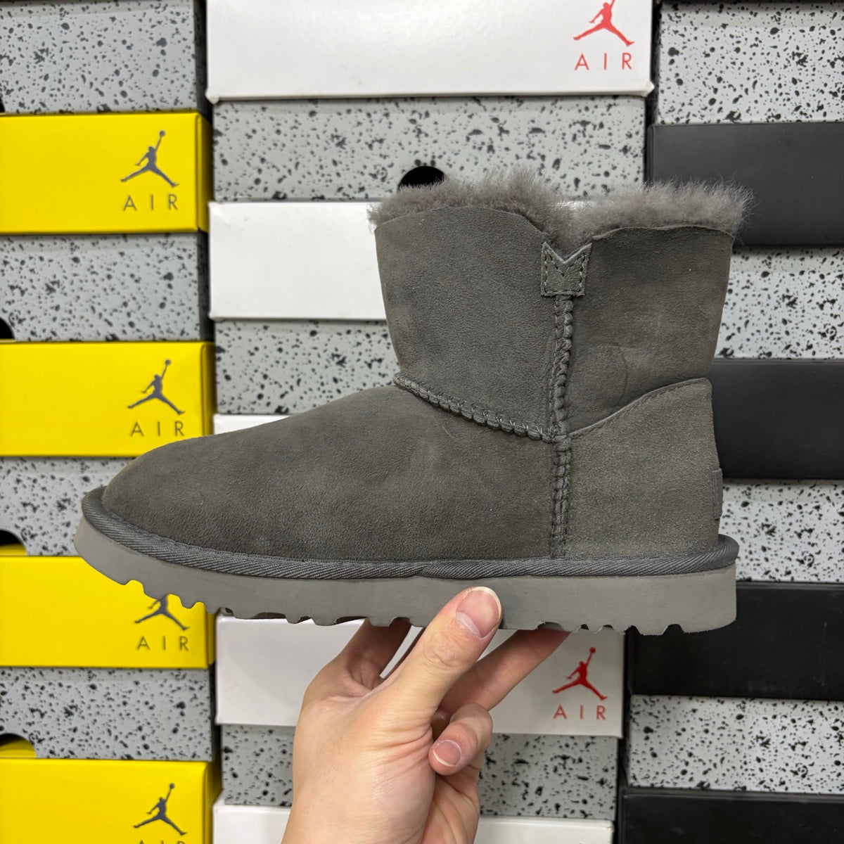 Grey Button-Detail Mid-Calf Boots