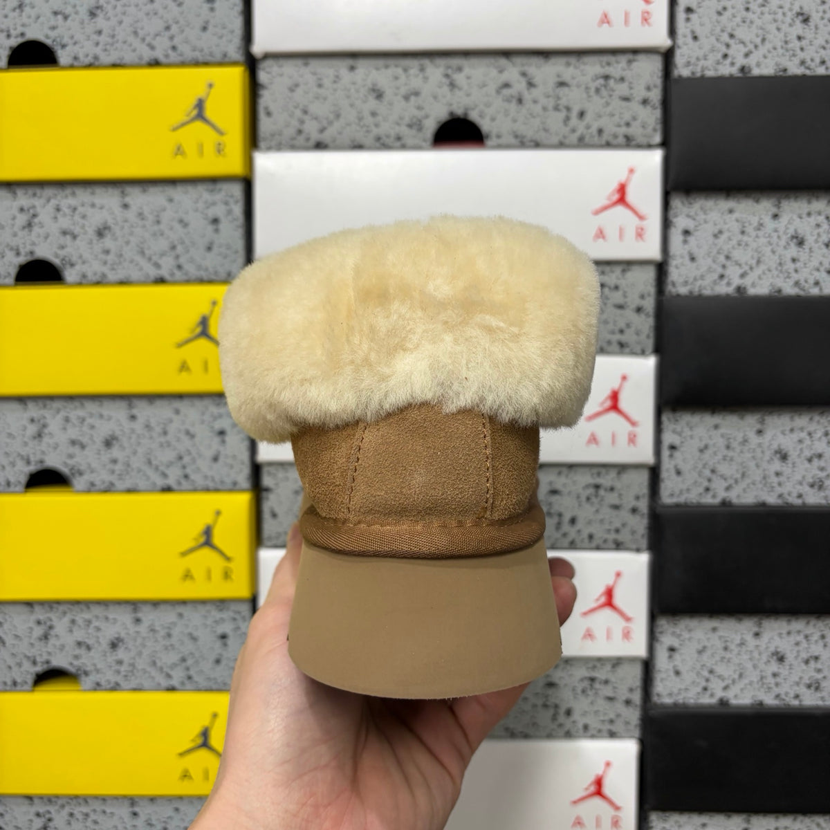 Chestnut Slip-On Shoes with Oversized Fluffy Collar