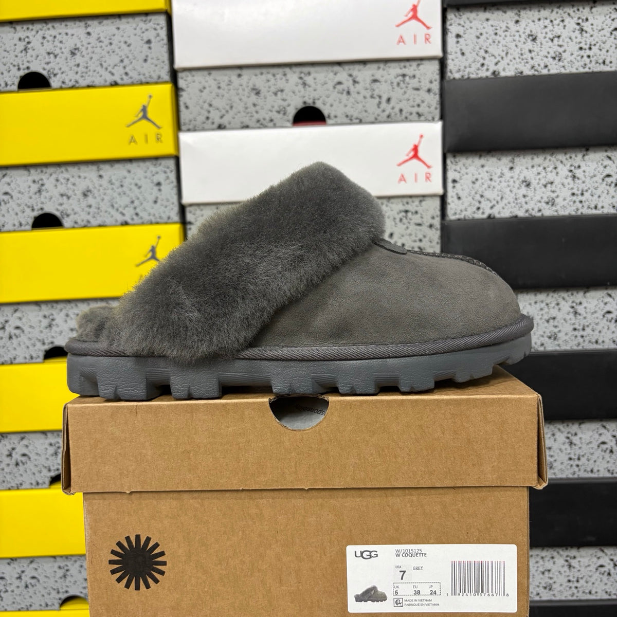 Grey Mule Slippers with Oversized Fluffy Trim
