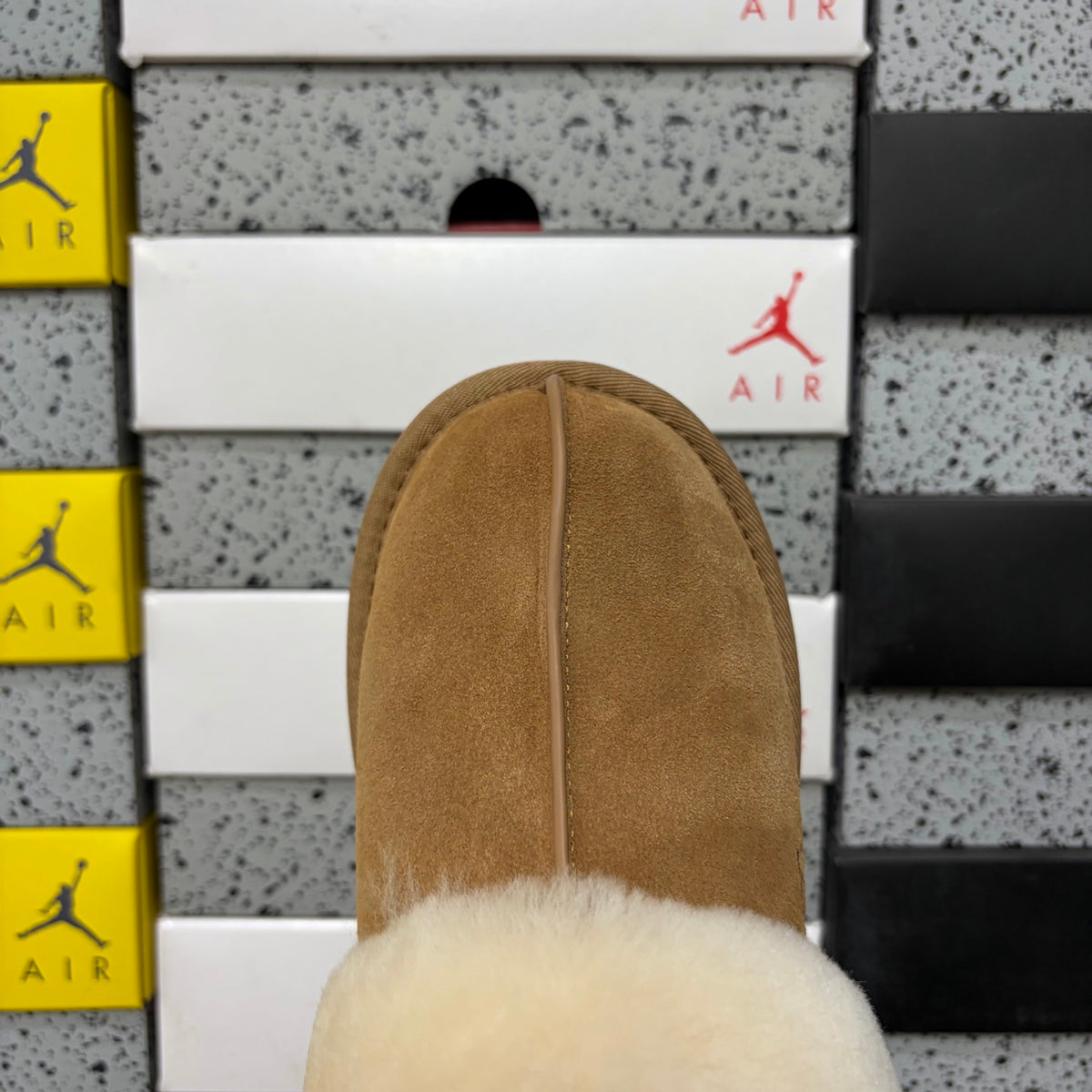 Chestnut Mule Slippers with Oversized Cream Fluffy Trim