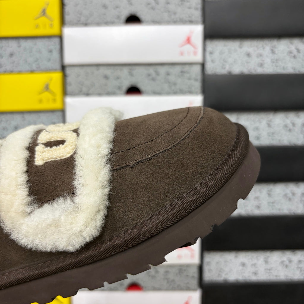 Chocolate Brown Slip-On Mule Slippers with Fluffy Trim